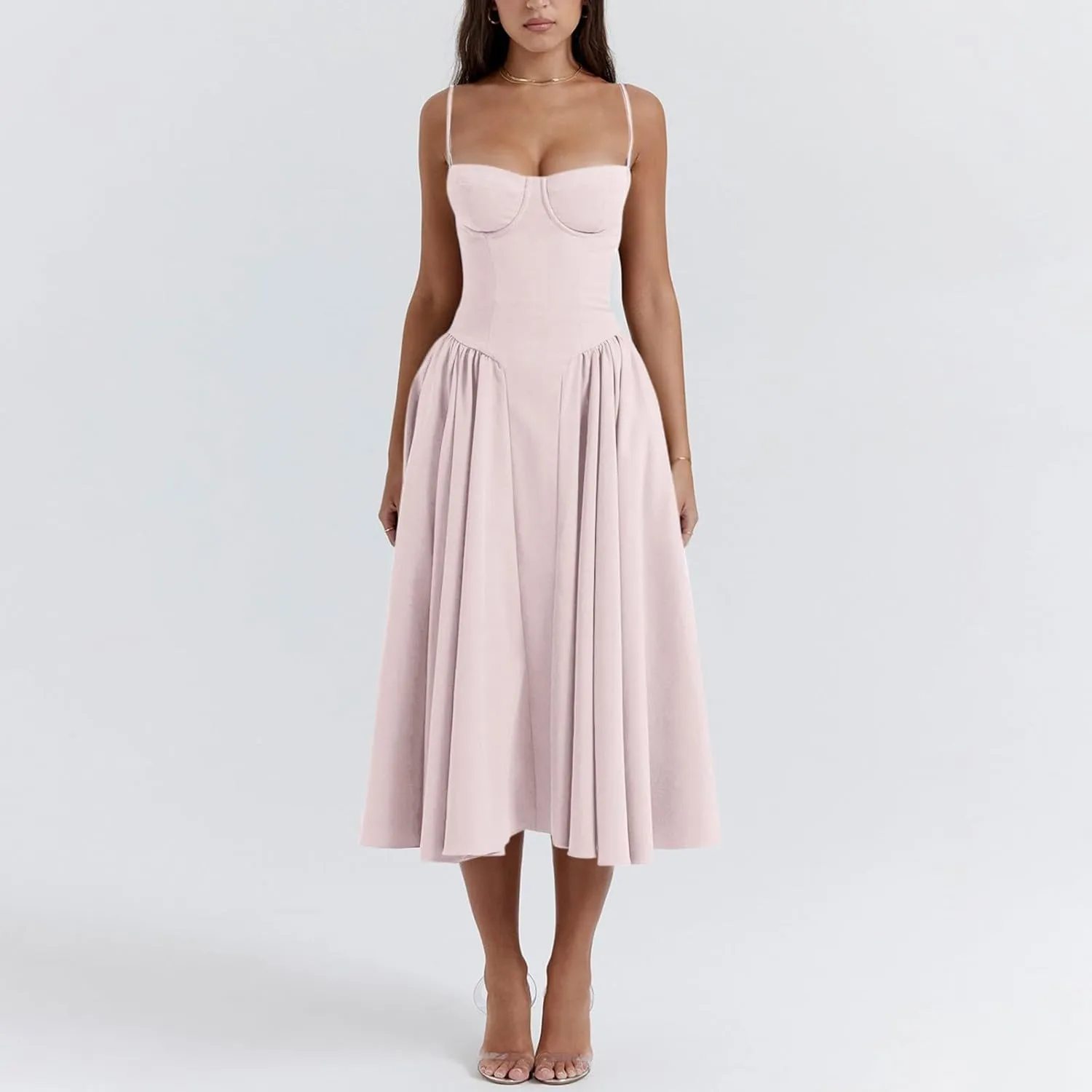 Corset Dress for Women Elegant Spaghetti Strap Bustier Midi Dress Flowy Pleated Hem Low Cut Prom Dresses with Pockets