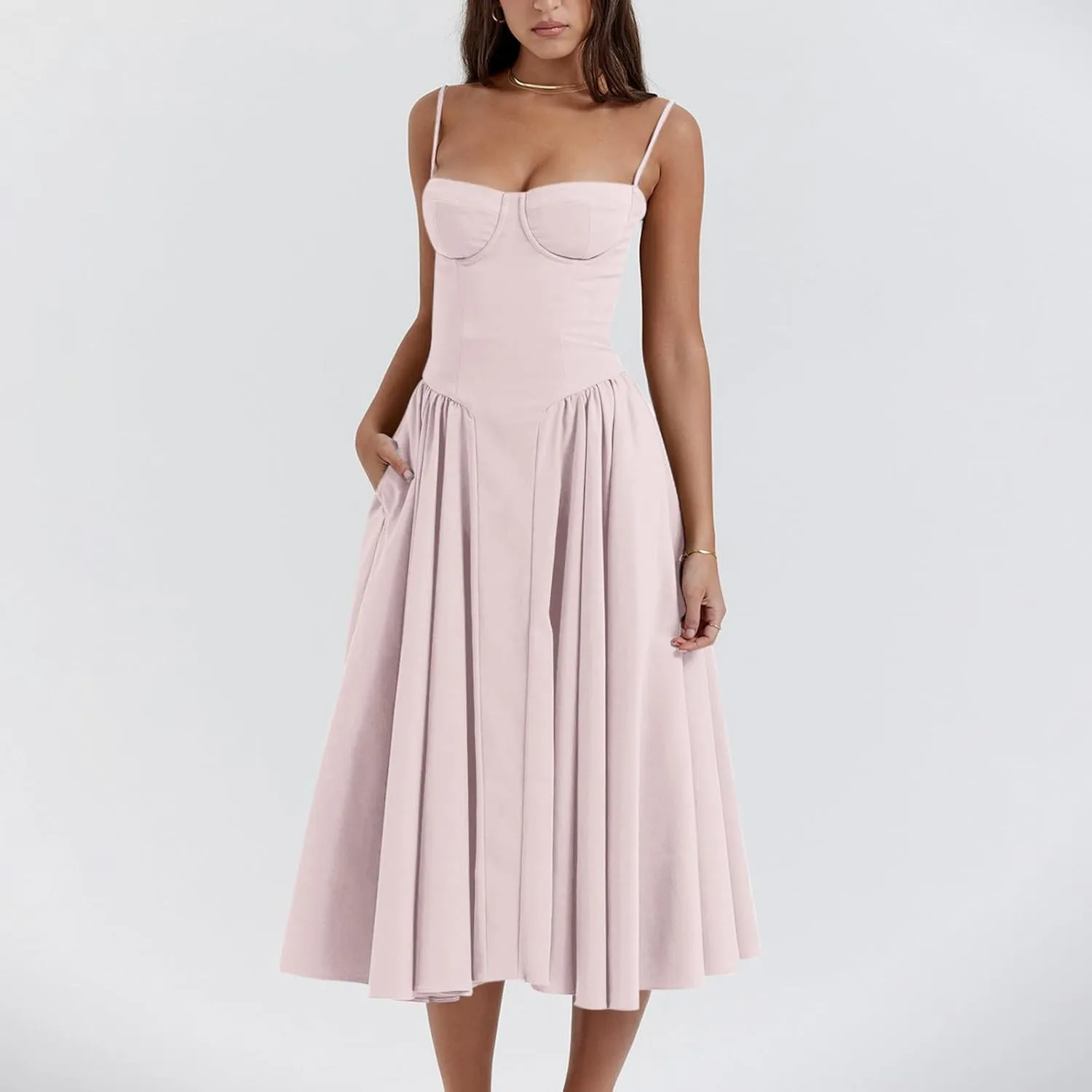 Corset Dress for Women Elegant Spaghetti Strap Bustier Midi Dress Flowy Pleated Hem Low Cut Prom Dresses with Pockets