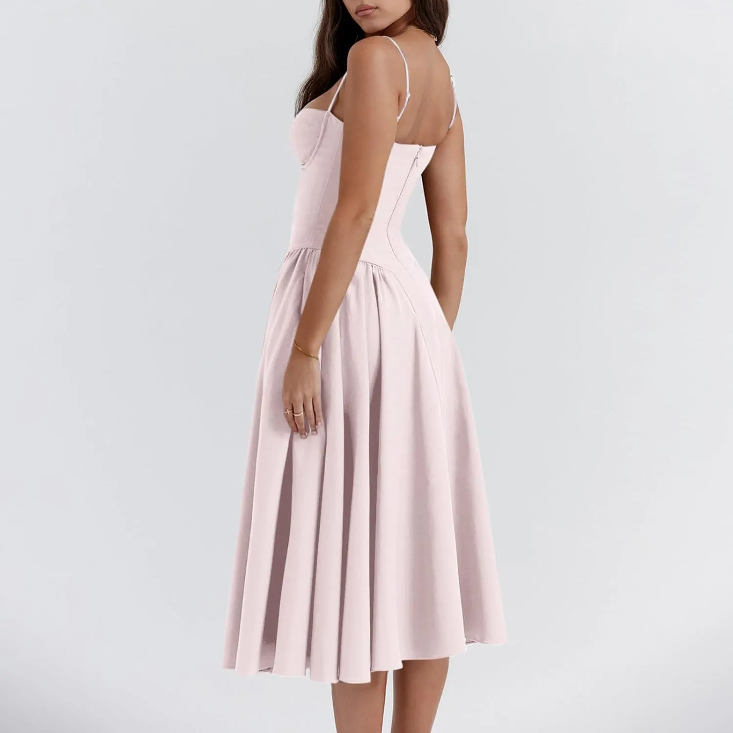 Corset Dress for Women Elegant Spaghetti Strap Bustier Midi Dress Flowy Pleated Hem Low Cut Prom Dresses with Pockets