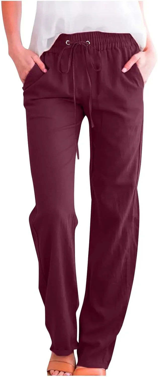 Cotton Linen Pants for Women Straight Leg Drawstrings Elastic High Waist Trousers Summer Relax Fit Lounge Long Pants