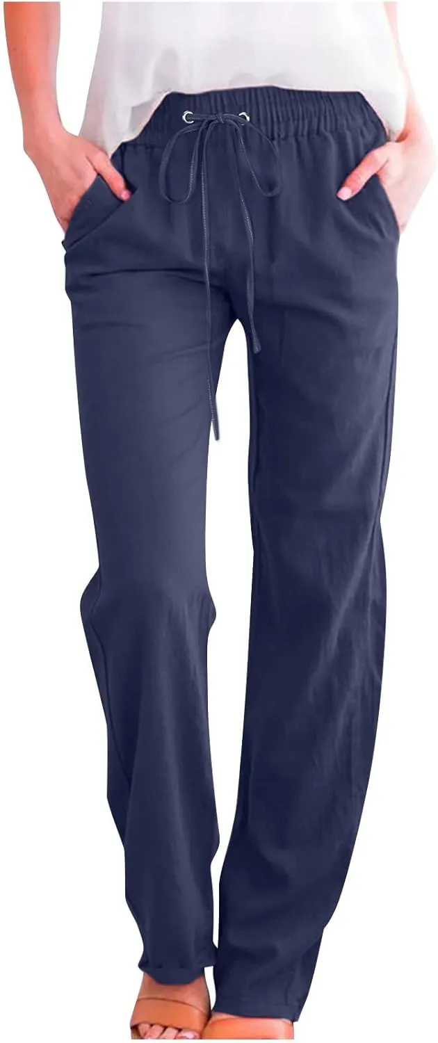 Cotton Linen Pants for Women Straight Leg Drawstrings Elastic High Waist Trousers Summer Relax Fit Lounge Long Pants