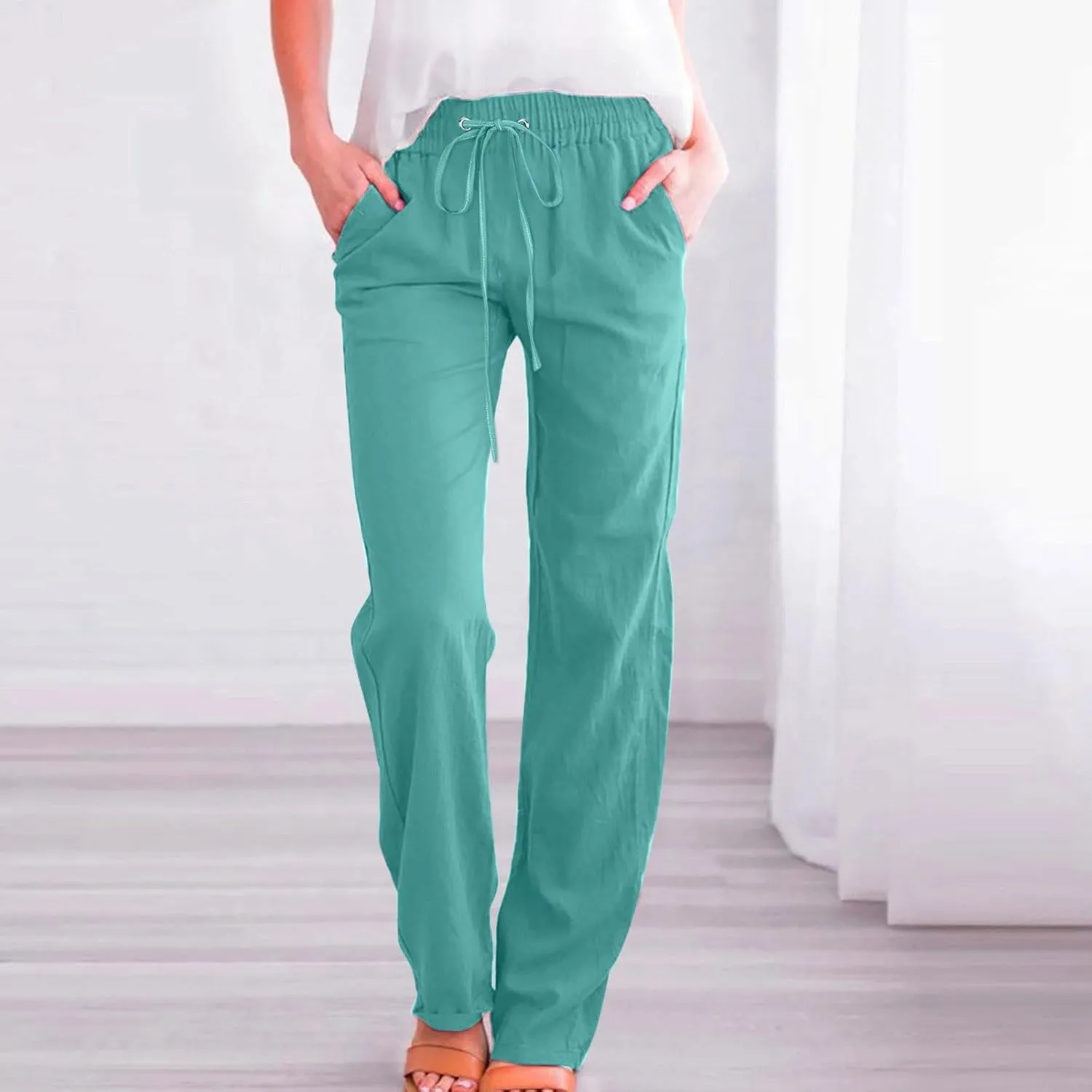 Cotton Linen Pants for Women Straight Leg Drawstrings Elastic High Waist Trousers Summer Relax Fit Lounge Long Pants