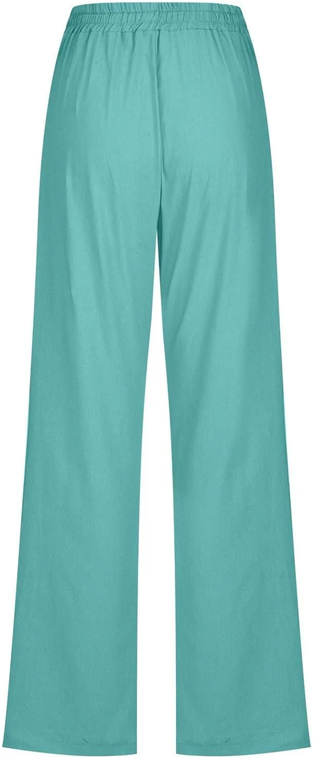 Cotton Linen Pants for Women Straight Leg Drawstrings Elastic High Waist Trousers Summer Relax Fit Lounge Long Pants