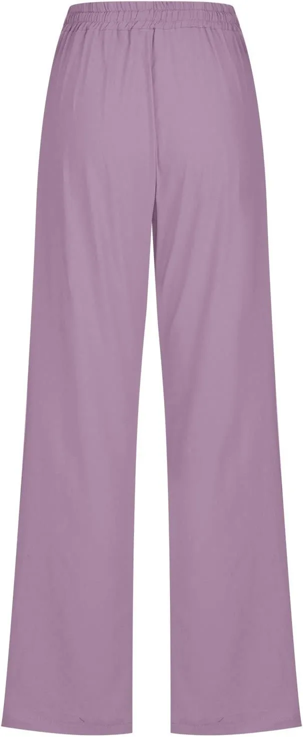 Cotton Linen Pants for Women Straight Leg Drawstrings Elastic High Waist Trousers Summer Relax Fit Lounge Long Pants