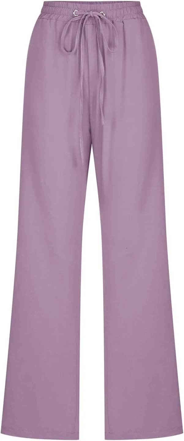 Cotton Linen Pants for Women Straight Leg Drawstrings Elastic High Waist Trousers Summer Relax Fit Lounge Long Pants