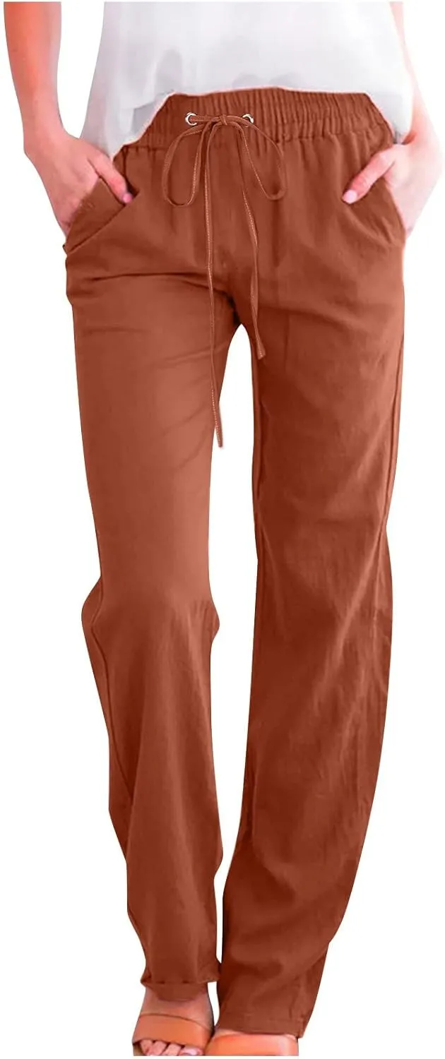 Cotton Linen Pants for Women Straight Leg Drawstrings Elastic High Waist Trousers Summer Relax Fit Lounge Long Pants