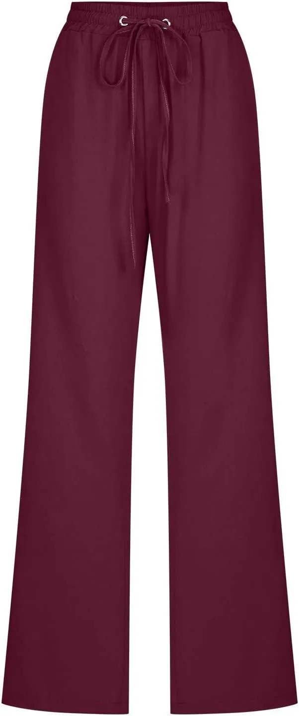 Cotton Linen Pants for Women Straight Leg Drawstrings Elastic High Waist Trousers Summer Relax Fit Lounge Long Pants