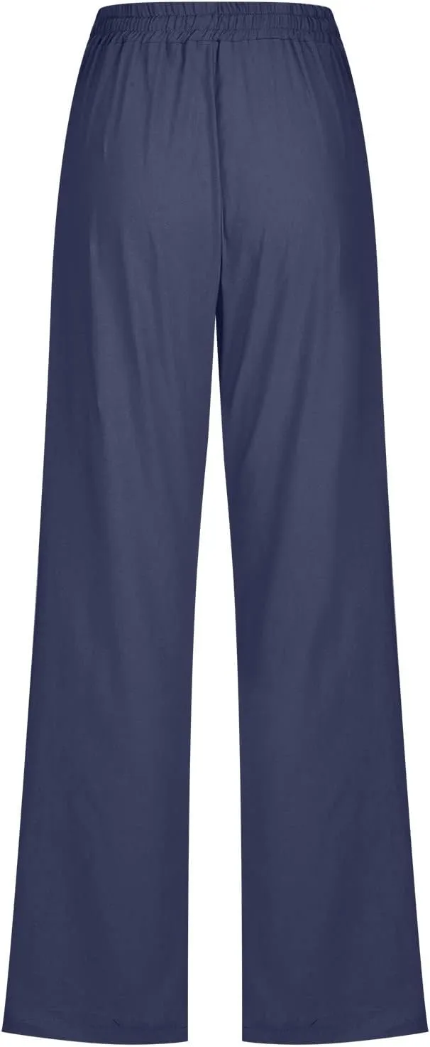 Cotton Linen Pants for Women Straight Leg Drawstrings Elastic High Waist Trousers Summer Relax Fit Lounge Long Pants