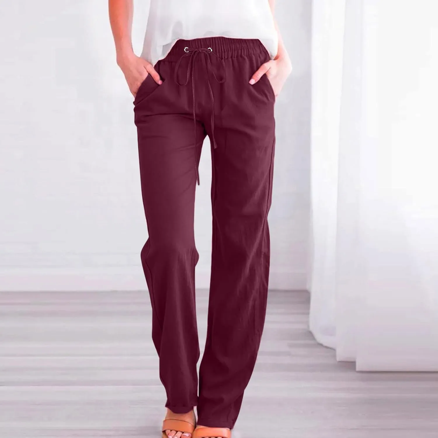 Cotton Linen Pants for Women Straight Leg Drawstrings Elastic High Waist Trousers Summer Relax Fit Lounge Long Pants