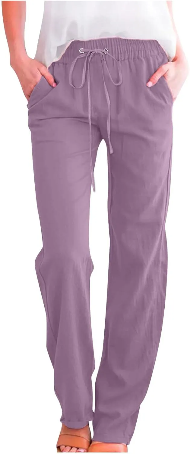 Cotton Linen Pants for Women Straight Leg Drawstrings Elastic High Waist Trousers Summer Relax Fit Lounge Long Pants