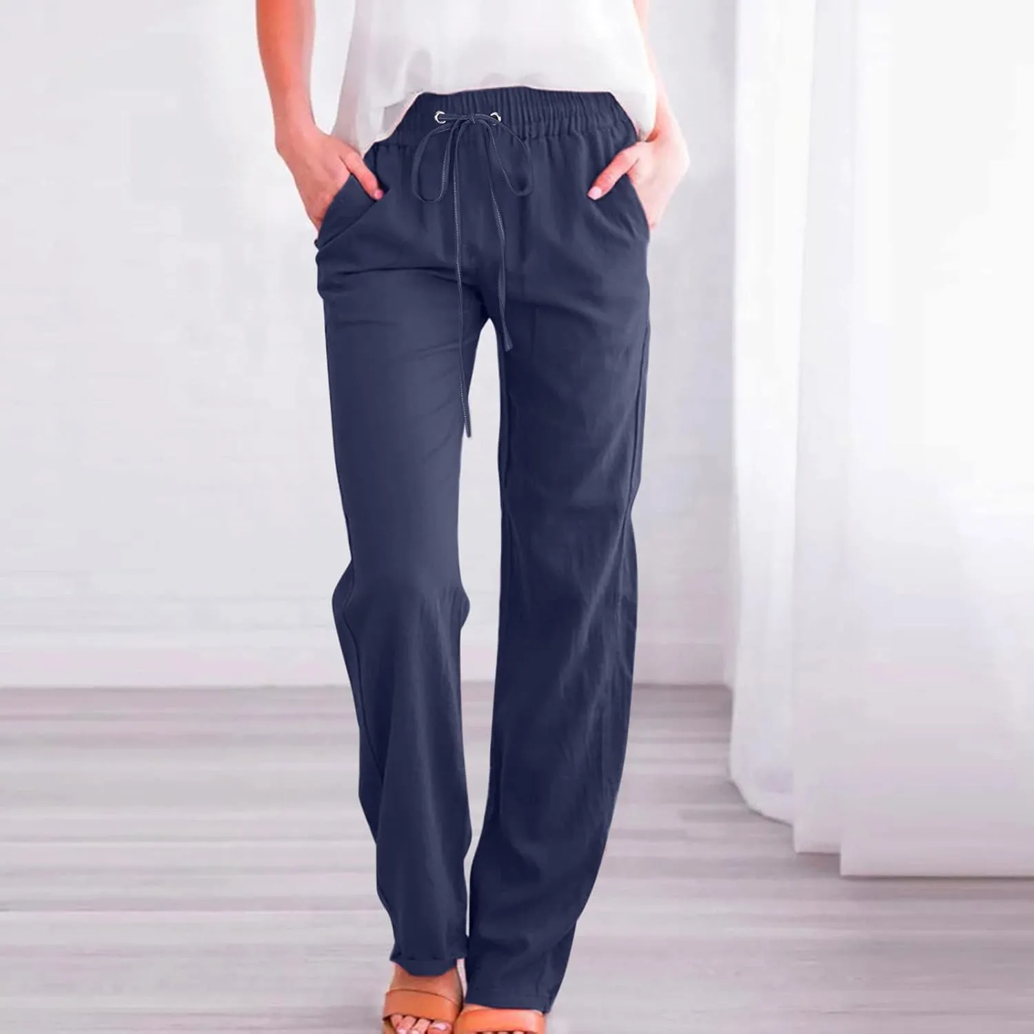 Cotton Linen Pants for Women Straight Leg Drawstrings Elastic High Waist Trousers Summer Relax Fit Lounge Long Pants