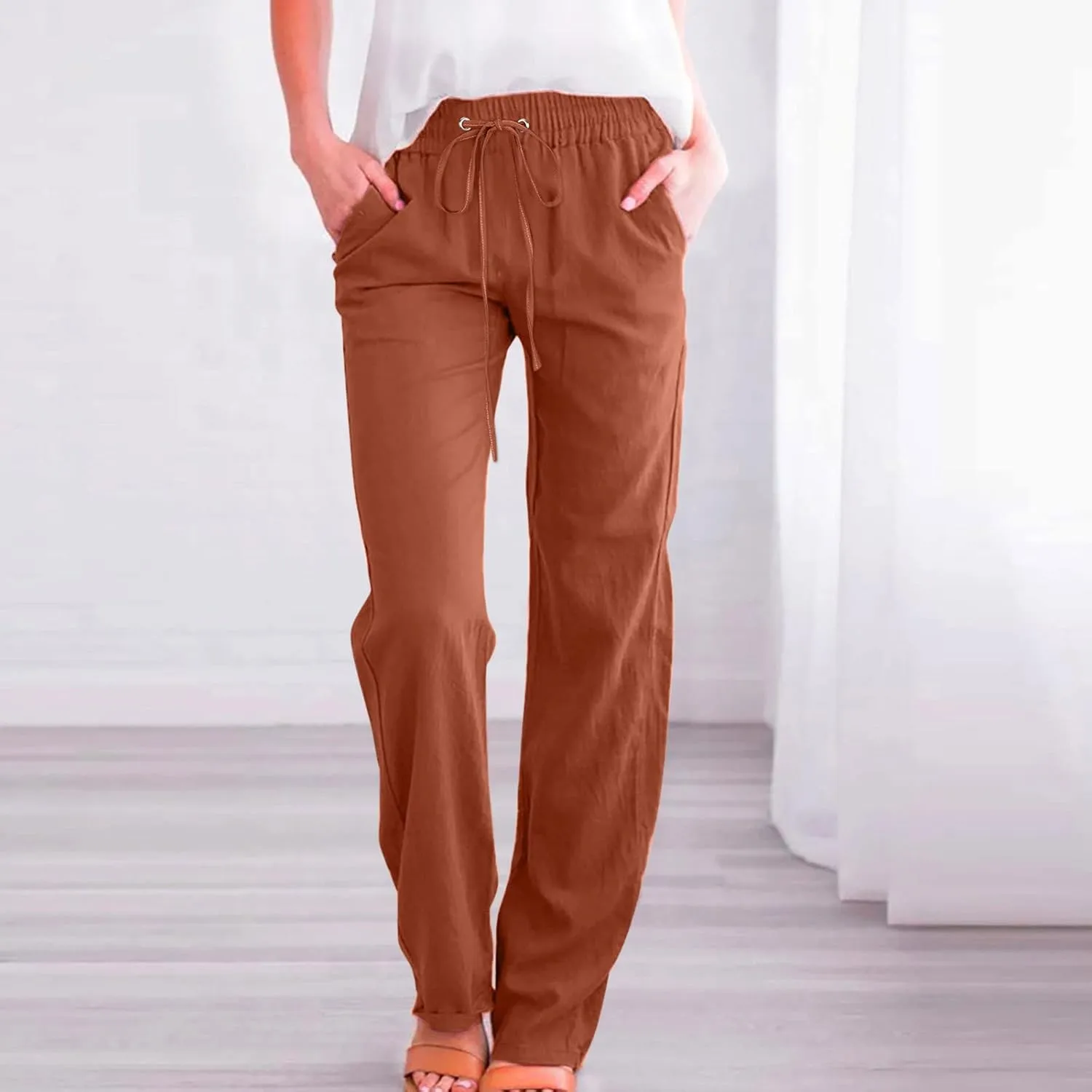 Cotton Linen Pants for Women Straight Leg Drawstrings Elastic High Waist Trousers Summer Relax Fit Lounge Long Pants