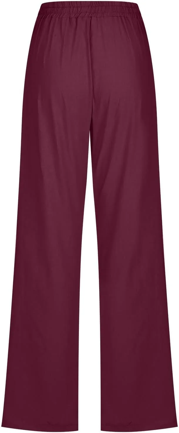 Cotton Linen Pants for Women Straight Leg Drawstrings Elastic High Waist Trousers Summer Relax Fit Lounge Long Pants