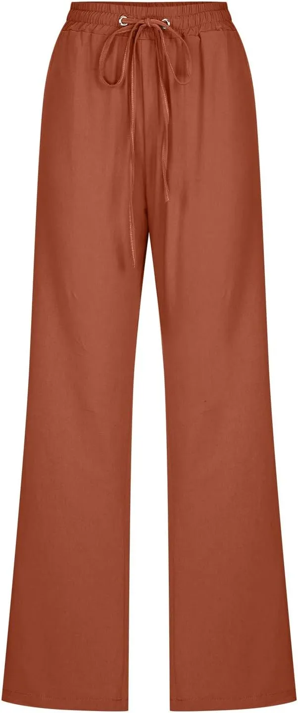 Cotton Linen Pants for Women Straight Leg Drawstrings Elastic High Waist Trousers Summer Relax Fit Lounge Long Pants