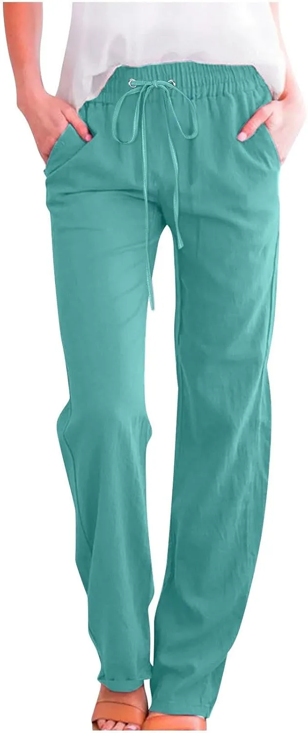 Cotton Linen Pants for Women Straight Leg Drawstrings Elastic High Waist Trousers Summer Relax Fit Lounge Long Pants
