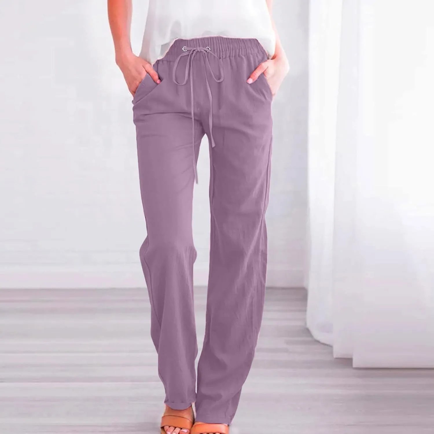 Cotton Linen Pants for Women Straight Leg Drawstrings Elastic High Waist Trousers Summer Relax Fit Lounge Long Pants