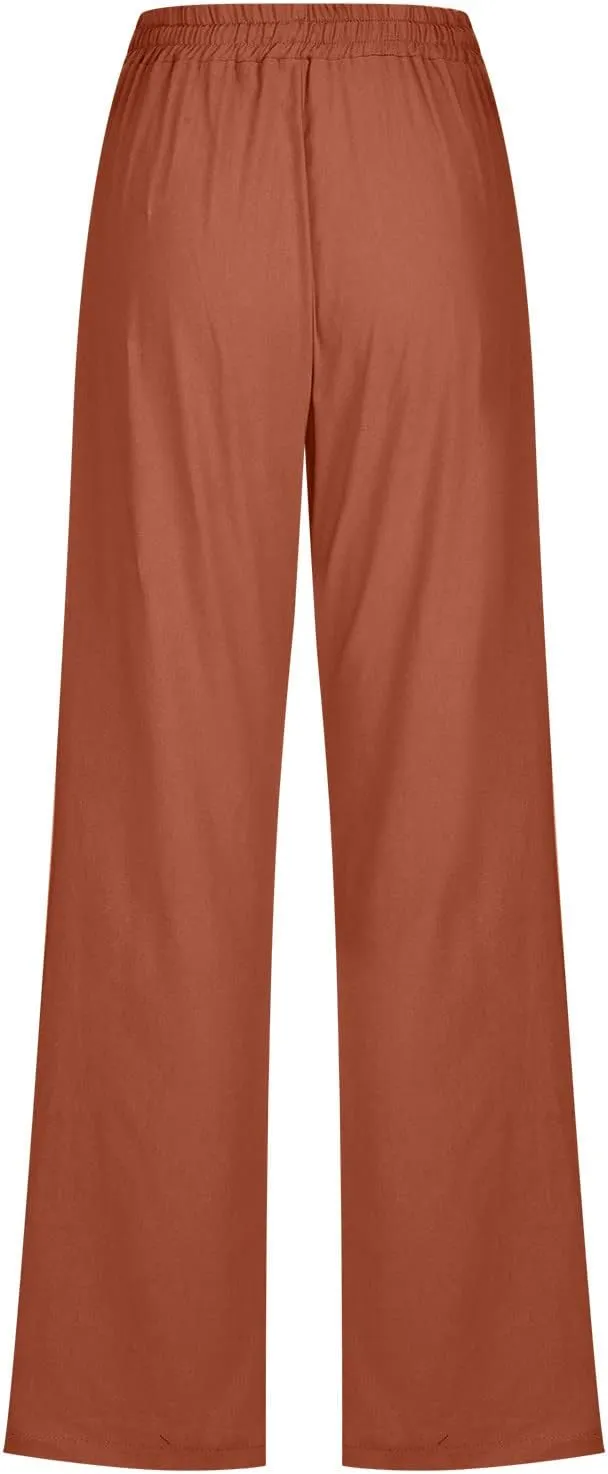 Cotton Linen Pants for Women Straight Leg Drawstrings Elastic High Waist Trousers Summer Relax Fit Lounge Long Pants