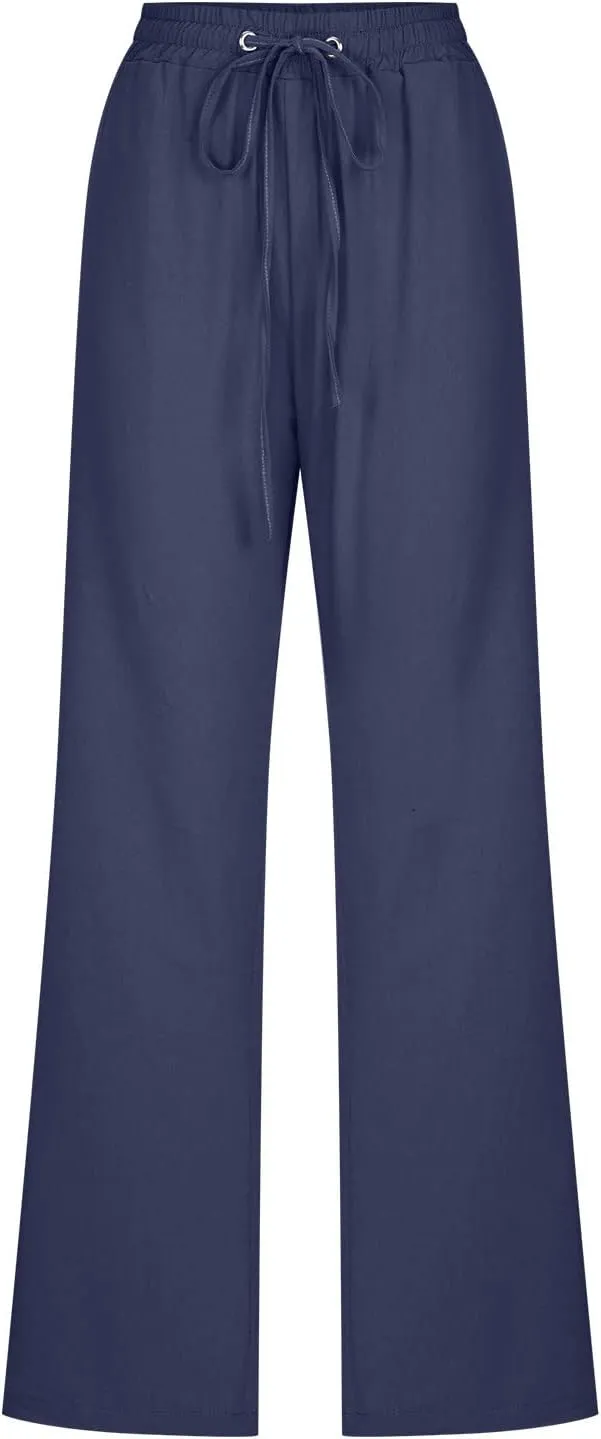 Cotton Linen Pants for Women Straight Leg Drawstrings Elastic High Waist Trousers Summer Relax Fit Lounge Long Pants