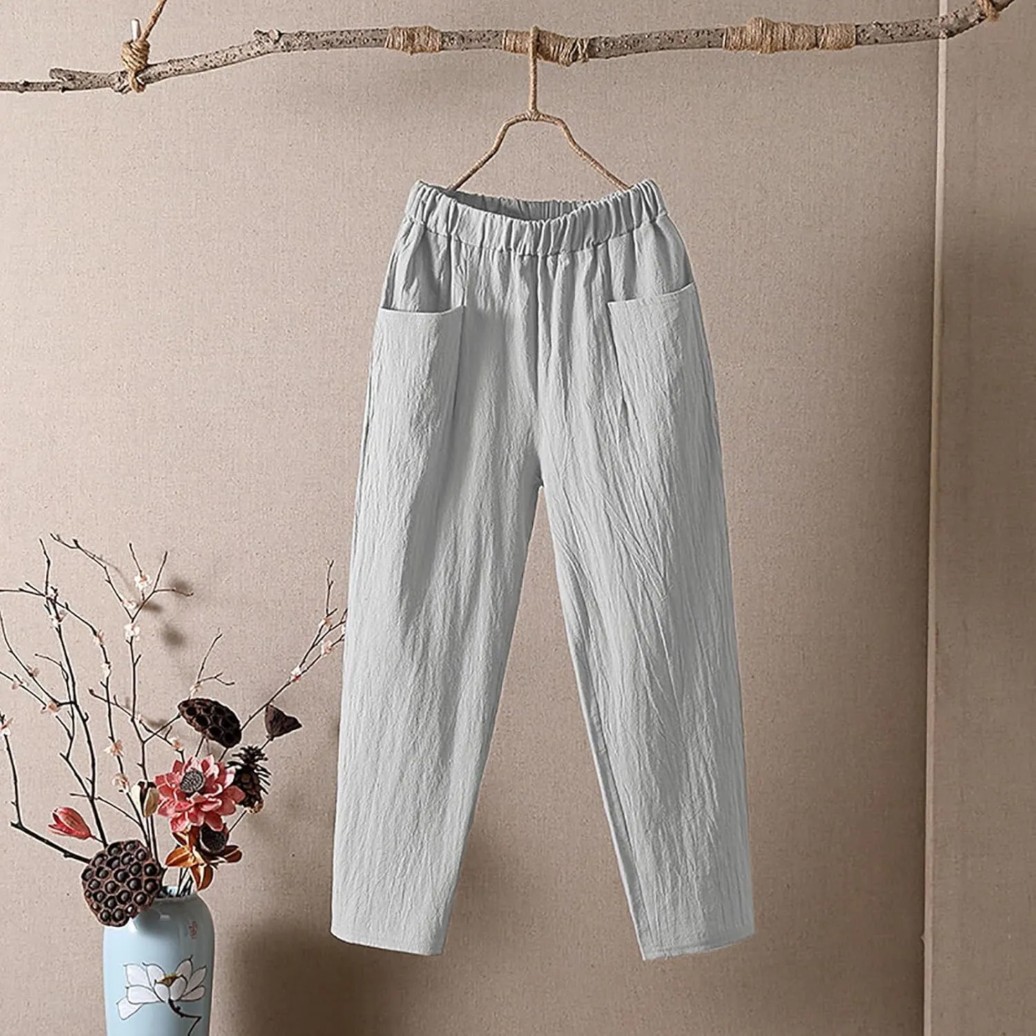 Cropped Pants for Women Wide Leg Beach Pants for Women Solid Color Cotton Flax Elastic Long Pants Beach Trousers