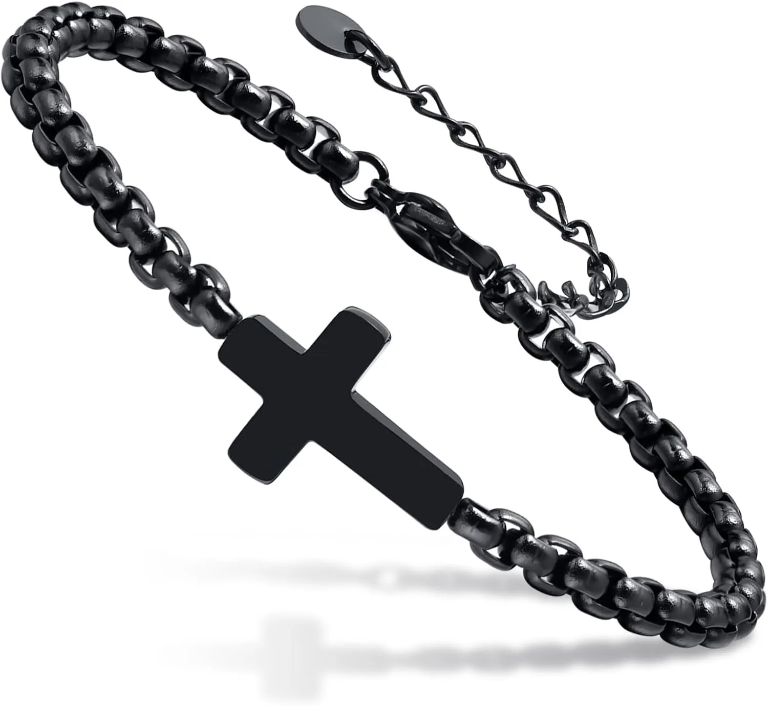 Cross Chain Bracelets for Men Women, Silver/Black Stainless Steel Cross Charms Men's Bracelet, Faith Religious Easter Catholic Christian God Jesus Communion Baptism Jewelry Gift Mens Link Bracelet