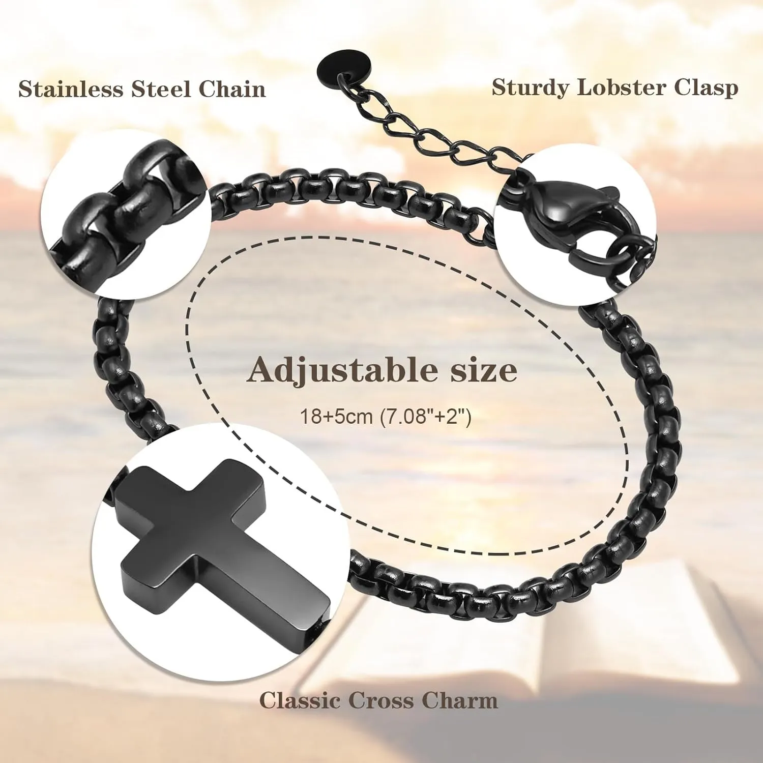 Cross Chain Bracelets for Men Women, Silver/Black Stainless Steel Cross Charms Men's Bracelet, Faith Religious Easter Catholic Christian God Jesus Communion Baptism Jewelry Gift Mens Link Bracelet