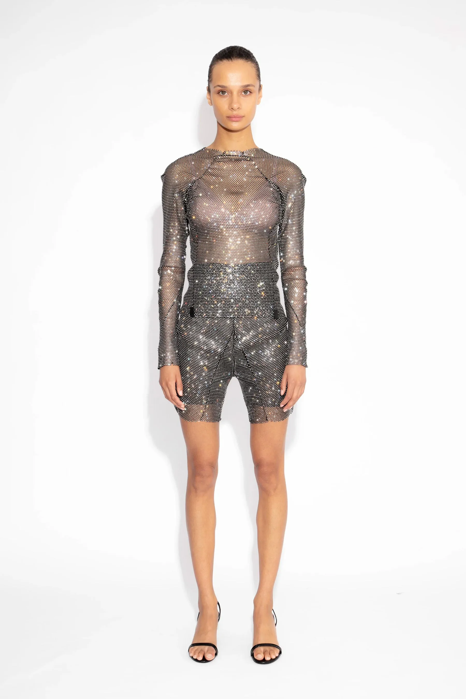 Crystal Embellished Fishnet Shorts in Black
