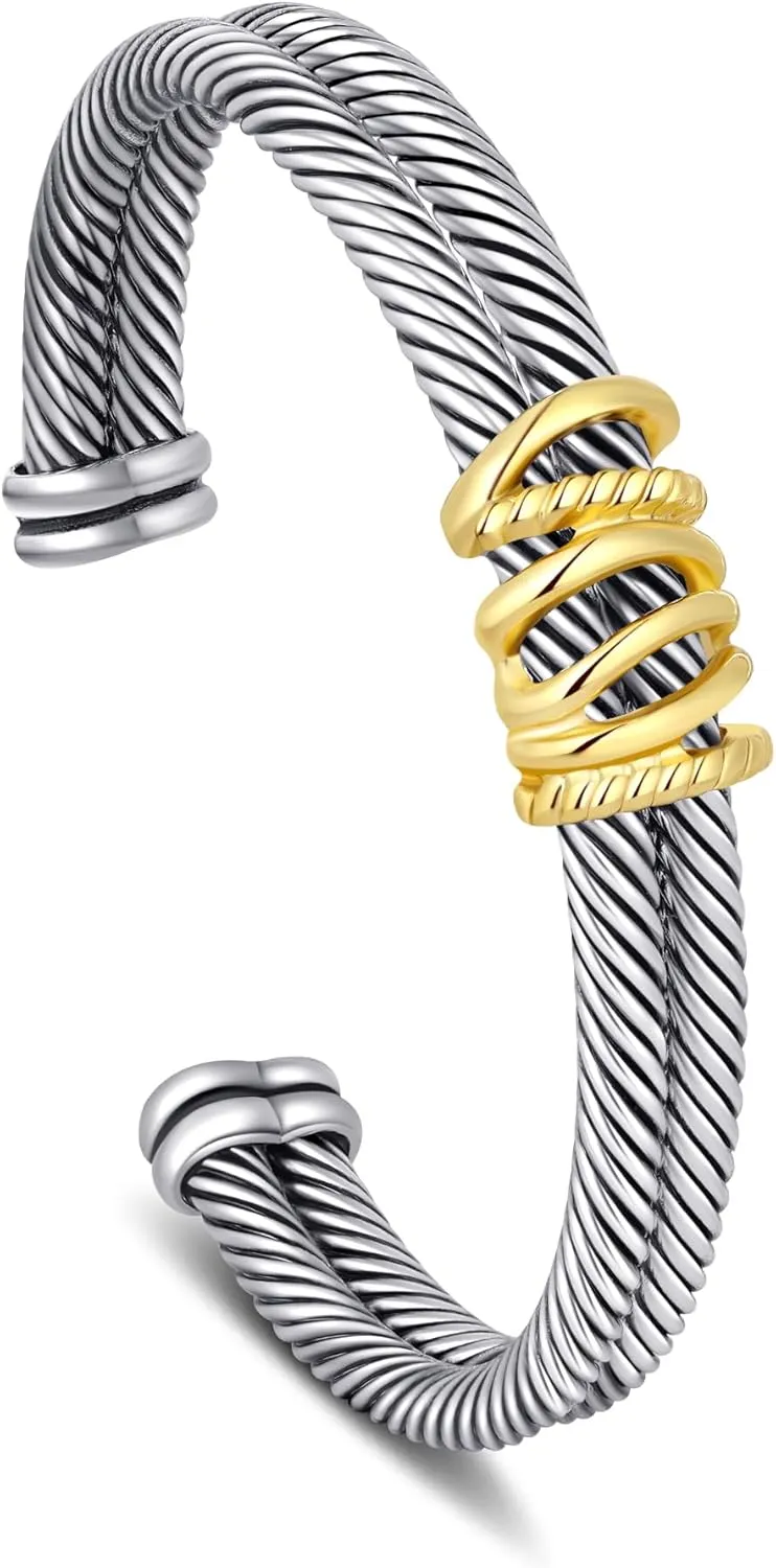 Cuff Bracelet for Women Cable Twisted - Silver Wire Cuff Bracelets Gold Link Hexagon - Two Tone Bangle Vintage Cross Bracelets Jewelry