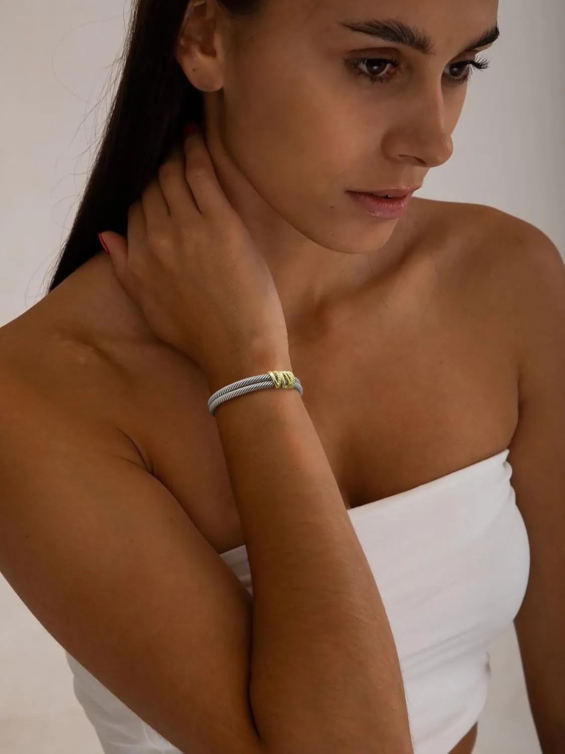 Cuff Bracelet for Women Cable Twisted - Silver Wire Cuff Bracelets Gold Link Hexagon - Two Tone Bangle Vintage Cross Bracelets Jewelry