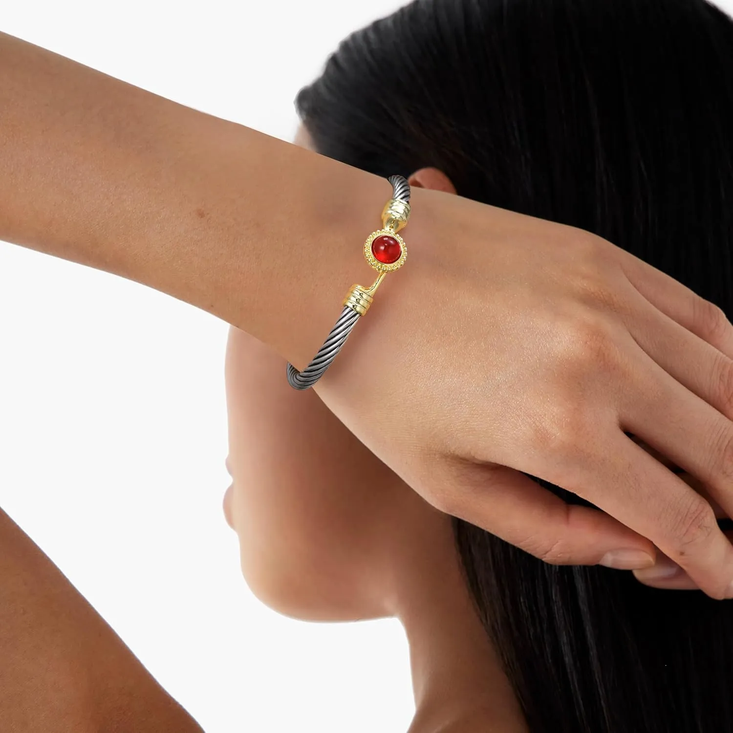 Cuff Bracelet for Women Twisted - Cable Wire Bangle Bracelet Two Tone - Gold Stone Vintage Hook Silver Bracelets Jewelry Gift