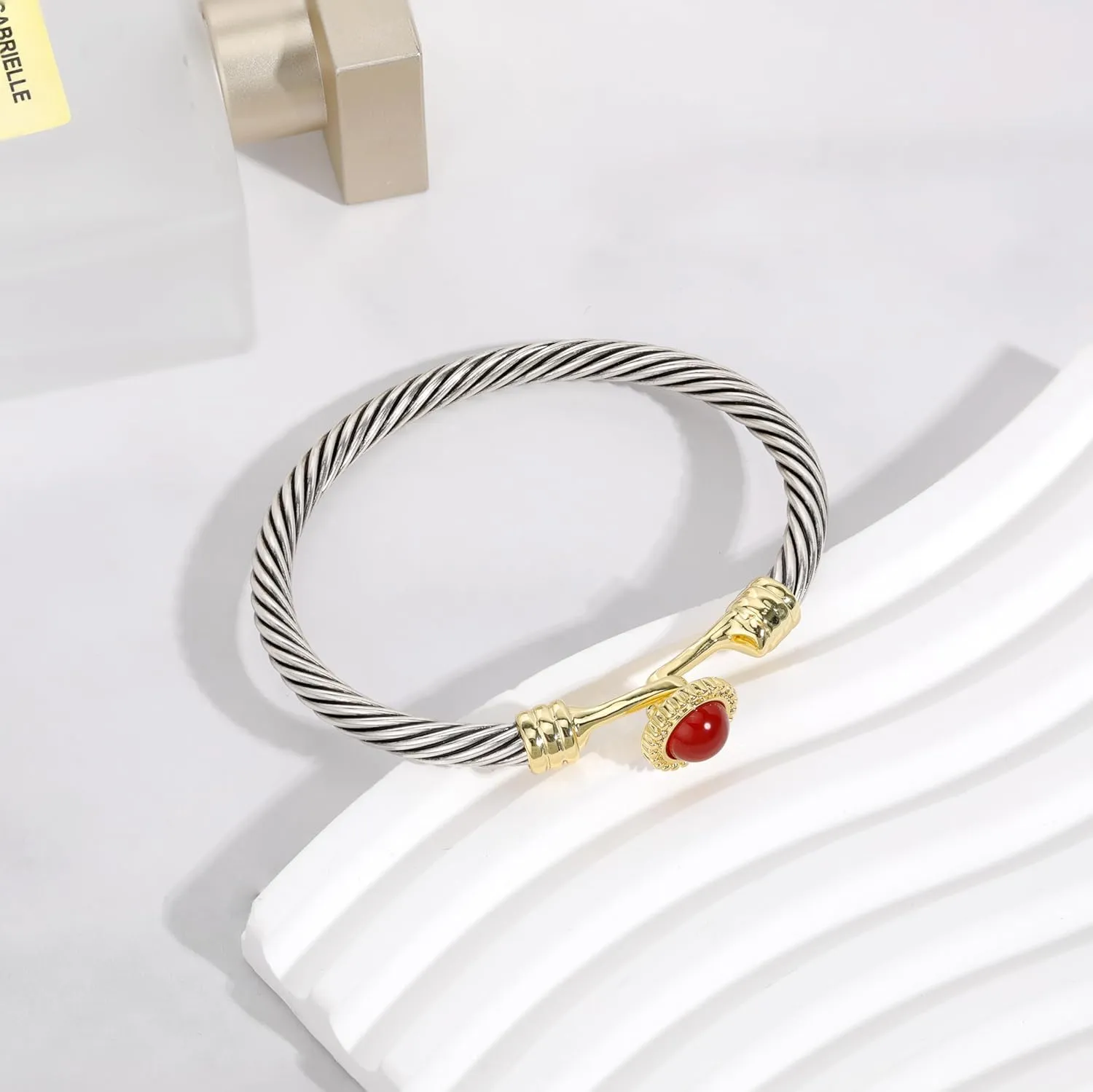 Cuff Bracelet for Women Twisted - Cable Wire Bangle Bracelet Two Tone - Gold Stone Vintage Hook Silver Bracelets Jewelry Gift