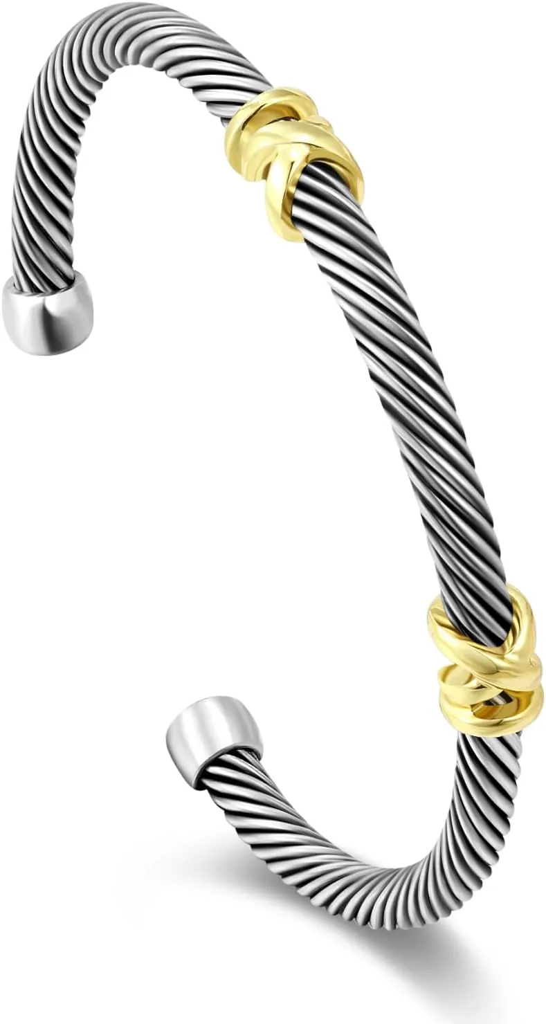 Cuff Bracelet for Women Twisted - Cable Wire Bangle Bracelet Two Tone - Vintage Two Gold Hooks Silver Cuff Bracelets Jewelry Gift
