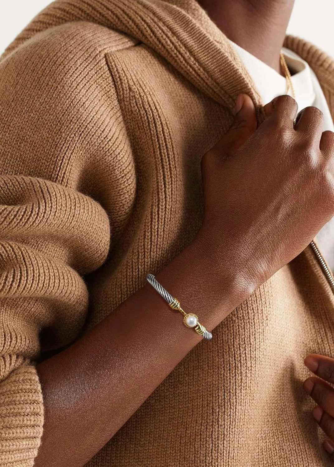 Cuff Bracelets for Women - Silver Cable Bracelets Two Tone Gold Stone - Mixed Metal Bangle Designer Dupes Bracelet Jewelry Gift