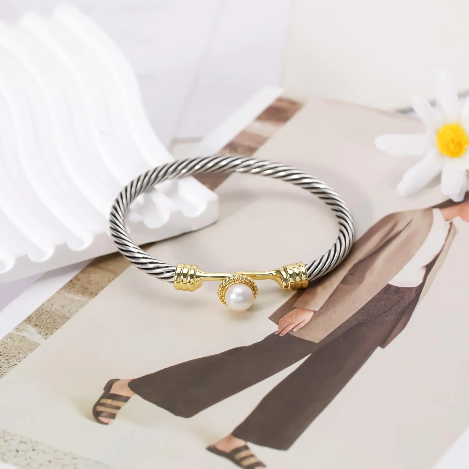 Cuff Bracelets for Women - Silver Cable Bracelets Two Tone Gold Stone - Mixed Metal Bangle Designer Dupes Bracelet Jewelry Gift
