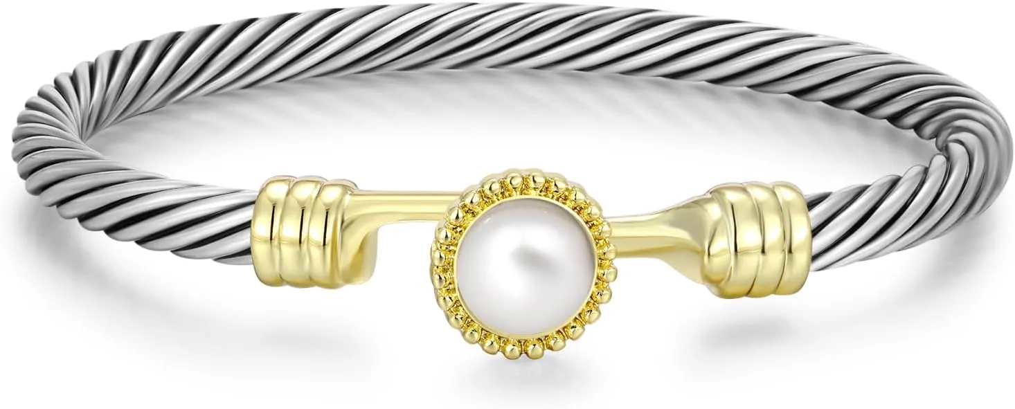 Cuff Bracelets for Women - Silver Cable Bracelets Two Tone Gold Stone - Mixed Metal Bangle Designer Dupes Bracelet Jewelry Gift