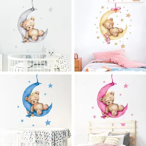 Cute Moon Snooze Teddybear PVC Wall Decals Removable Vinyl Wall Stickers For Nursery Decor Kid's Room Baby's Room Creative DIY Wall Decor