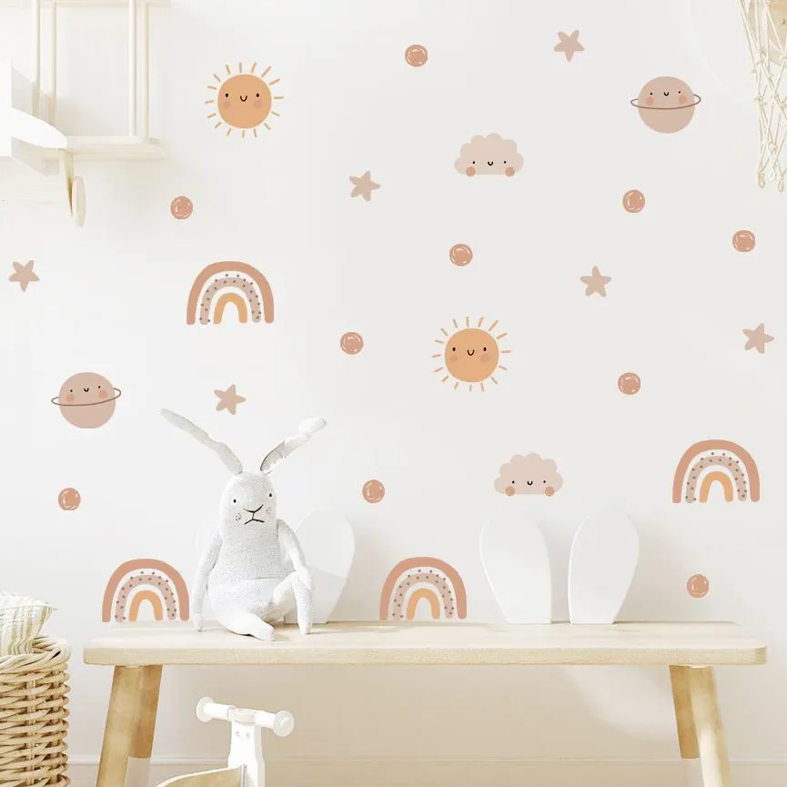 Cute Rainbow Sun Cloud Planets Wall Decals Removable Vinyl PVC Wall Stickers For Decorating Kid's Room Nursery Room Playroom Wall Decor