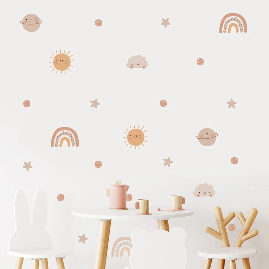 Cute Rainbow Sun Cloud Planets Wall Decals Removable Vinyl PVC Wall Stickers For Decorating Kid's Room Nursery Room Playroom Wall Decor