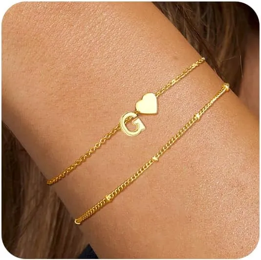 Dainty Initial Heart Bracelets for Women Trendy 18K Gold Plated Charm Bracelet for Teens Personalized A-Z Letter Cute Bracelet Fashion Layered Chain Bracelets for Women Gift