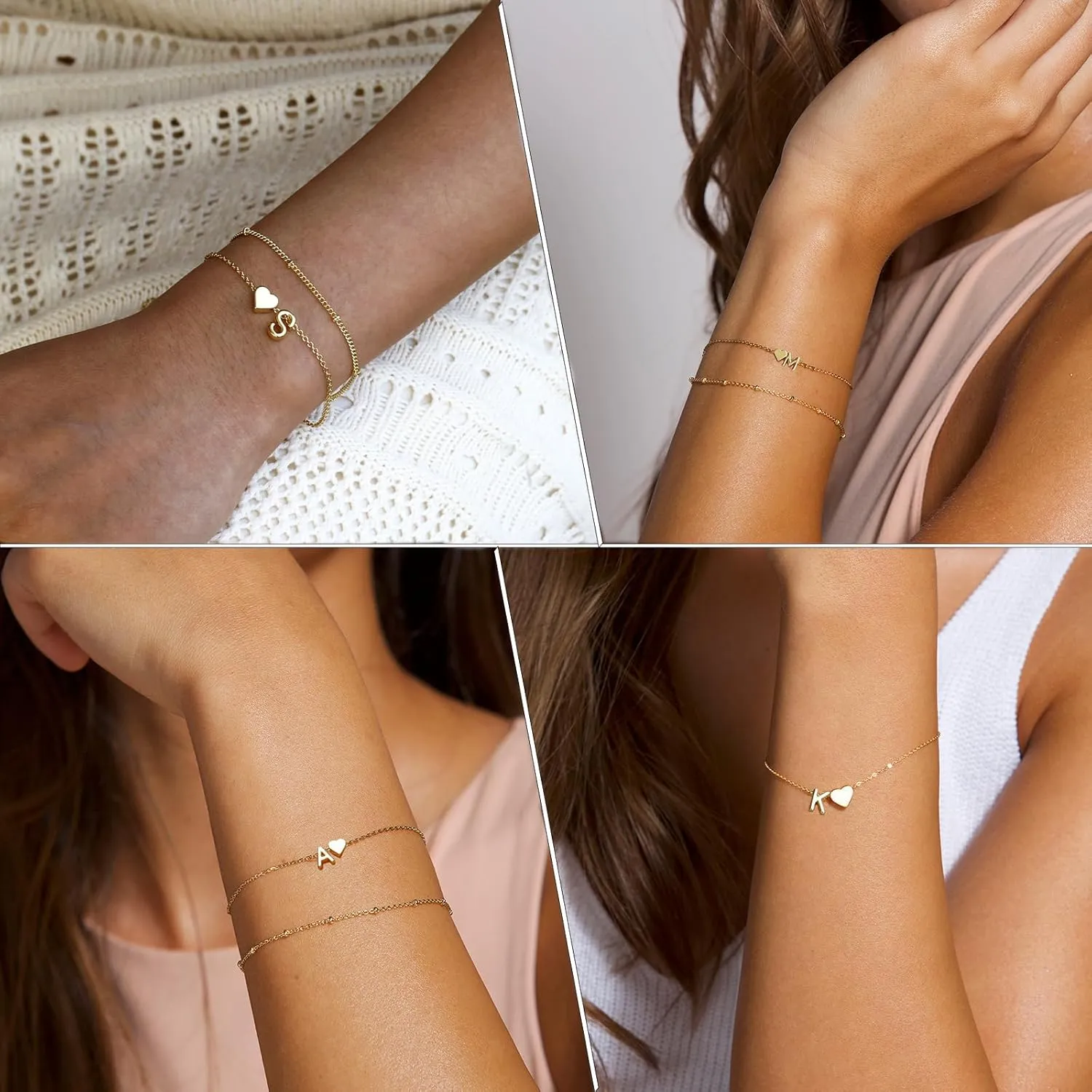 Dainty Initial Heart Bracelets for Women Trendy 18K Gold Plated Charm Bracelet for Teens Personalized A-Z Letter Cute Bracelet Fashion Layered Chain Bracelets for Women Gift