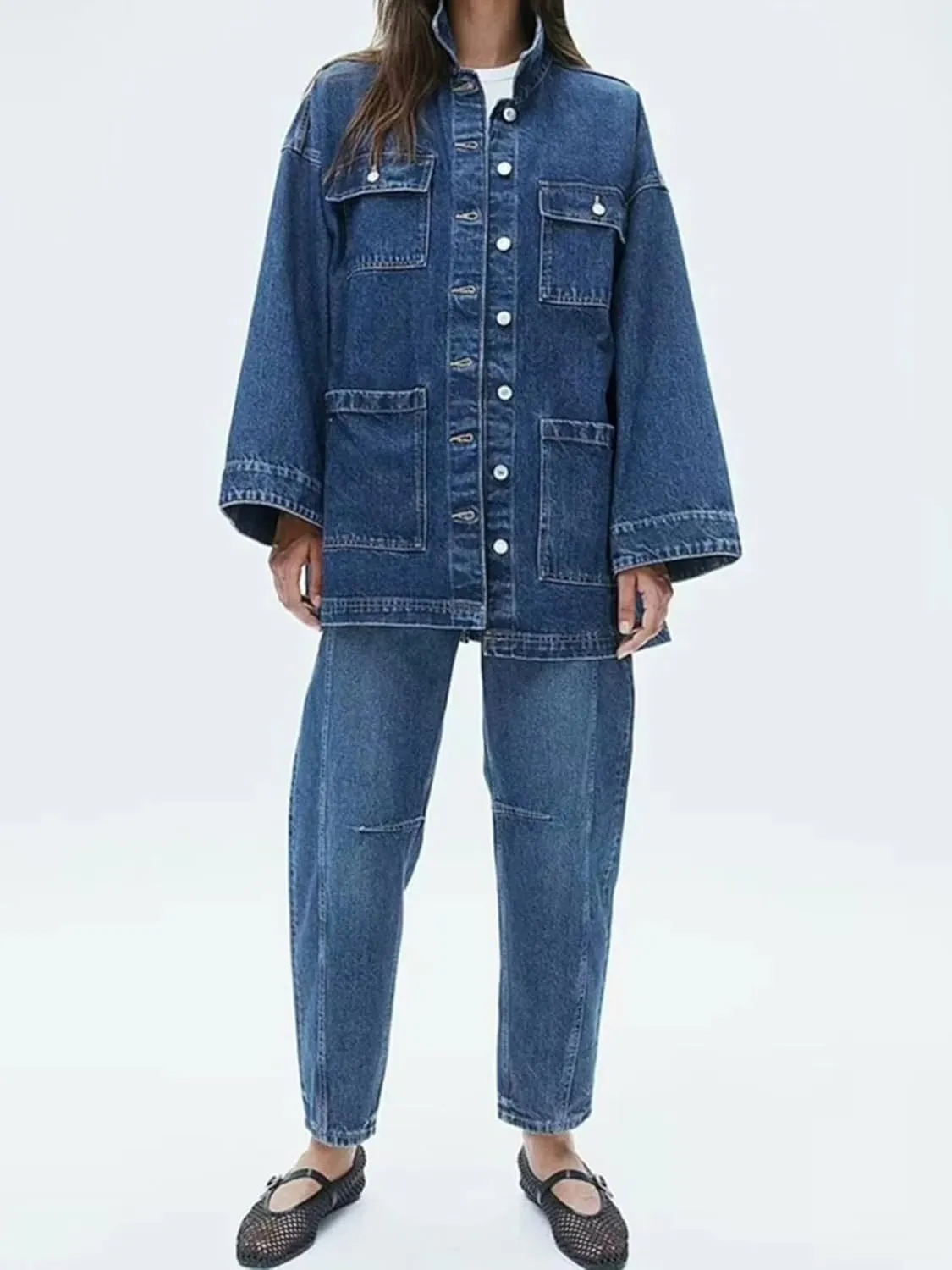 Dawery Women's Denim Jacket Fall-Winter Waist Tie Waist Roll-lapel Denim Jacket Simple Denim Top
