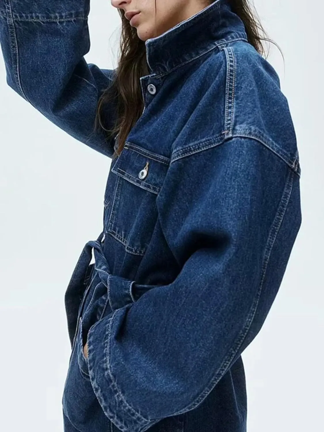 Dawery Women's Denim Jacket Fall-Winter Waist Tie Waist Roll-lapel Denim Jacket Simple Denim Top