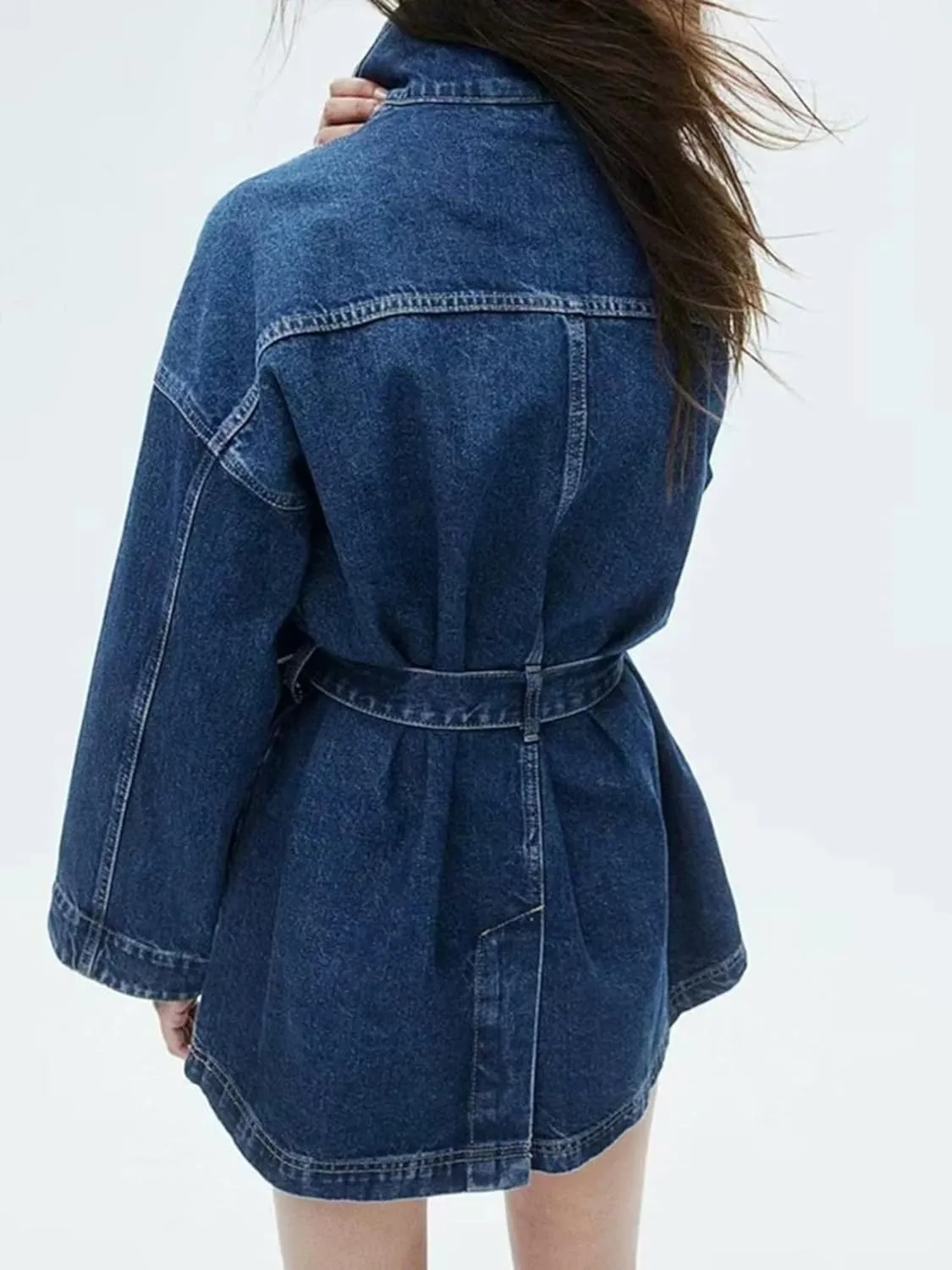 Dawery Women's Denim Jacket Fall-Winter Waist Tie Waist Roll-lapel Denim Jacket Simple Denim Top