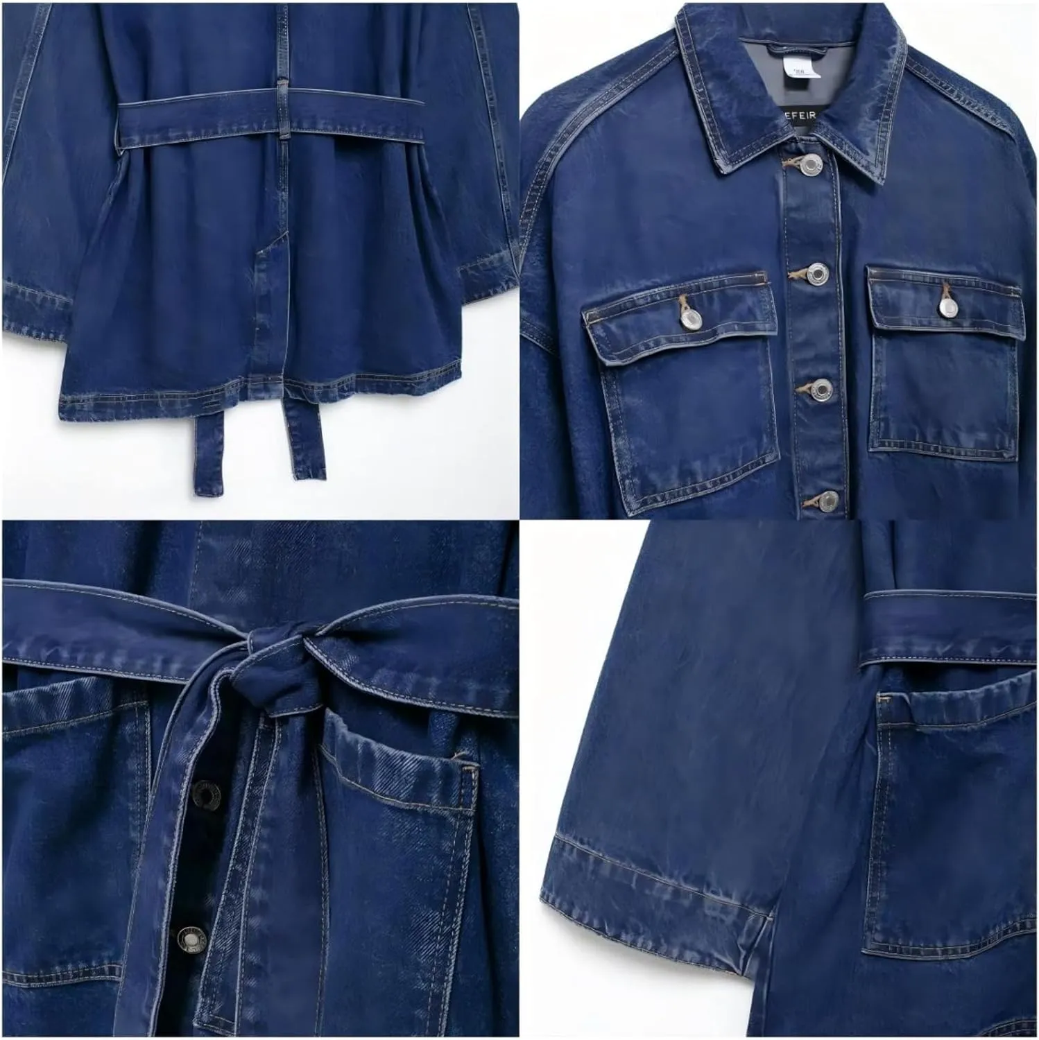 Dawery Women's Denim Jacket Fall-Winter Waist Tie Waist Roll-lapel Denim Jacket Simple Denim Top