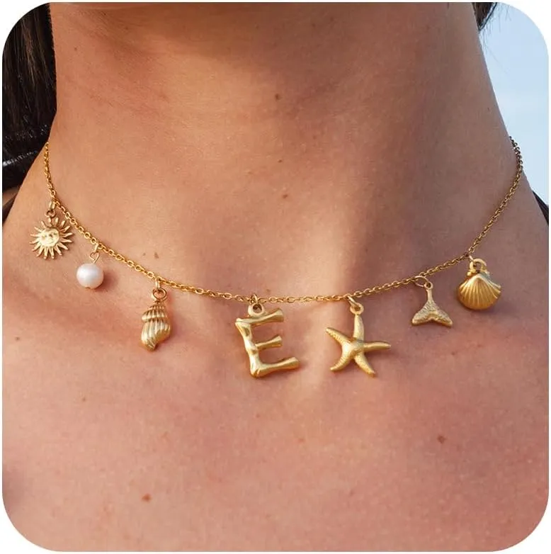 Dcfywl731 Initial Charm Necklace for Women Shell Letter Necklaces Gold A-Z Charms Pendant Alphabet Personalized Pendant Necklace Boho Starfish Surfer Jewelry Gifts