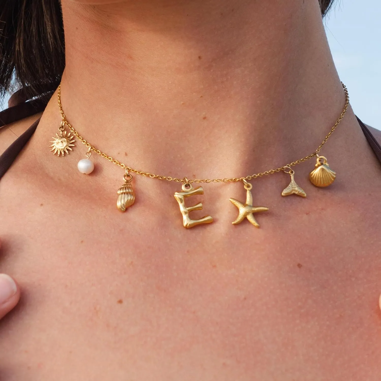 Dcfywl731 Initial Charm Necklace for Women Shell Letter Necklaces Gold A-Z Charms Pendant Alphabet Personalized Pendant Necklace Boho Starfish Surfer Jewelry Gifts