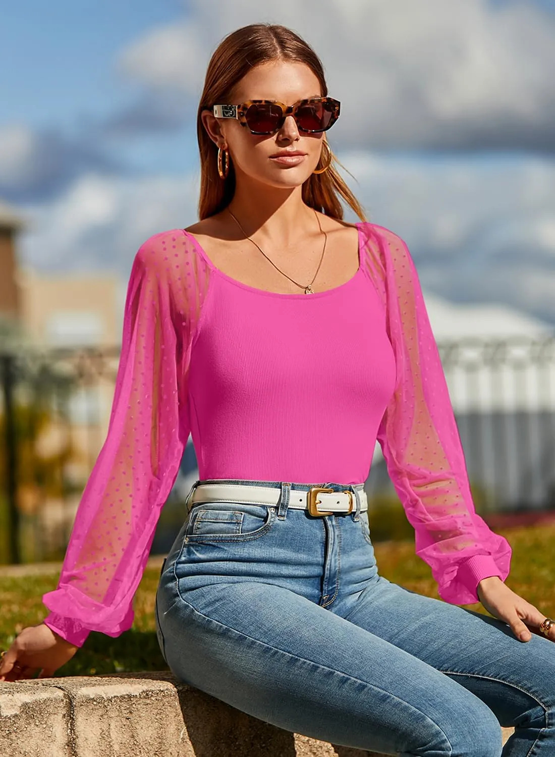 DOROSE Womens Mesh Long Sleeve Shirts Casual Blouses Tops