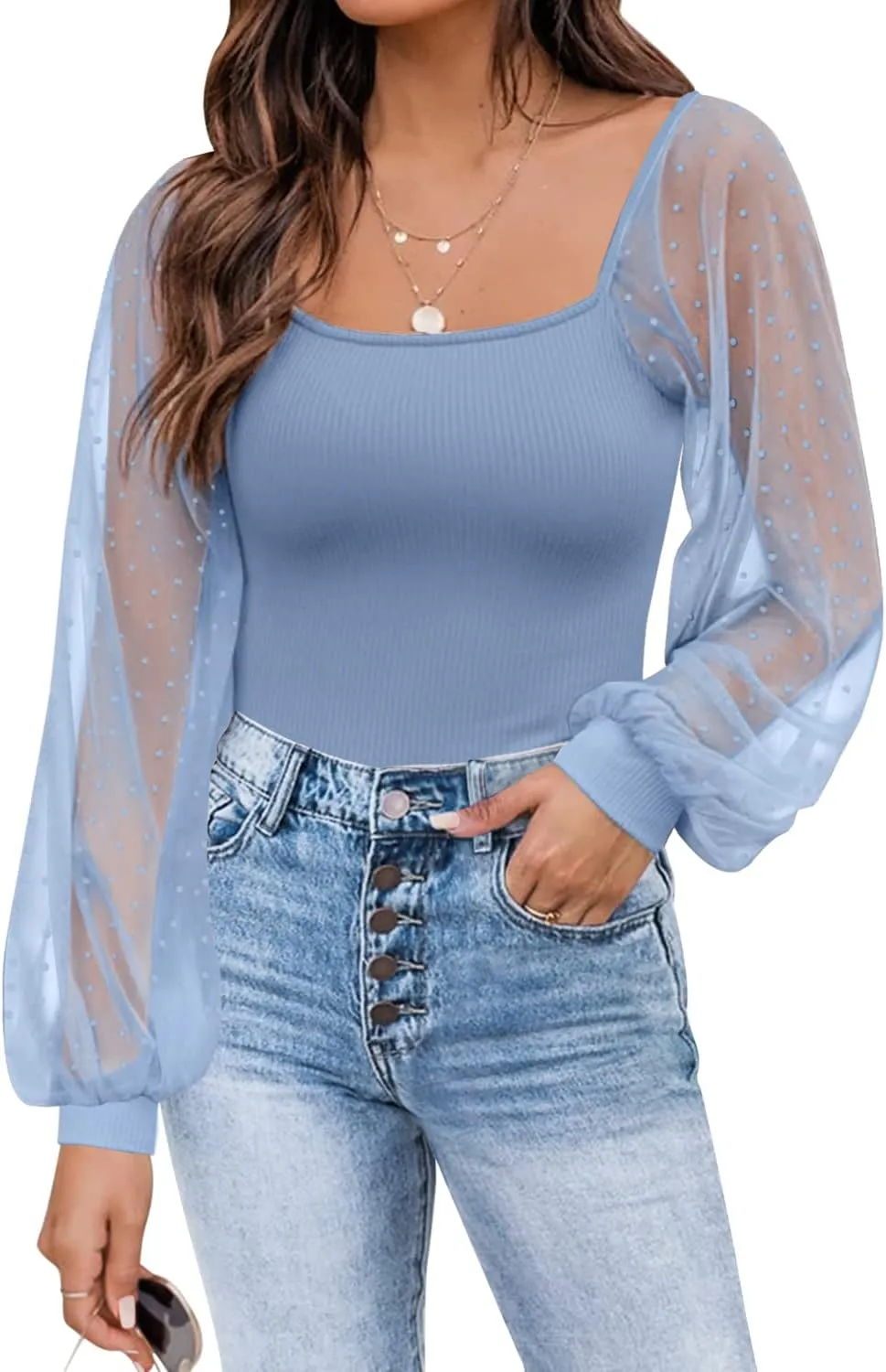 DOROSE Womens Mesh Long Sleeve Shirts Casual Blouses Tops
