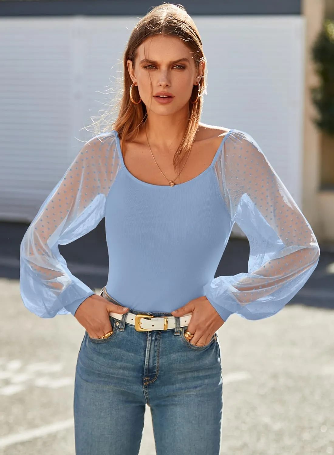 DOROSE Womens Mesh Long Sleeve Shirts Casual Blouses Tops