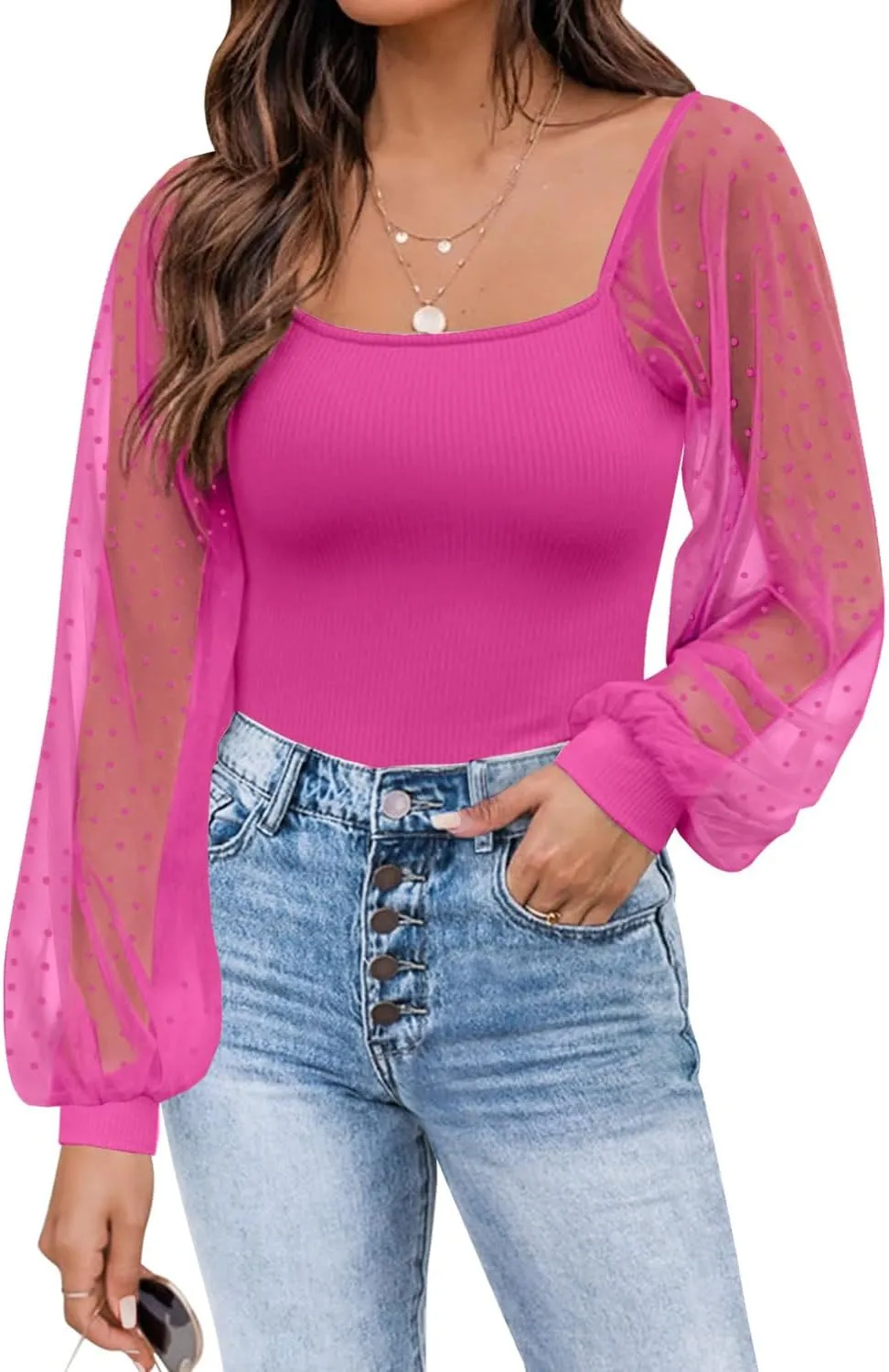 DOROSE Womens Mesh Long Sleeve Shirts Casual Blouses Tops