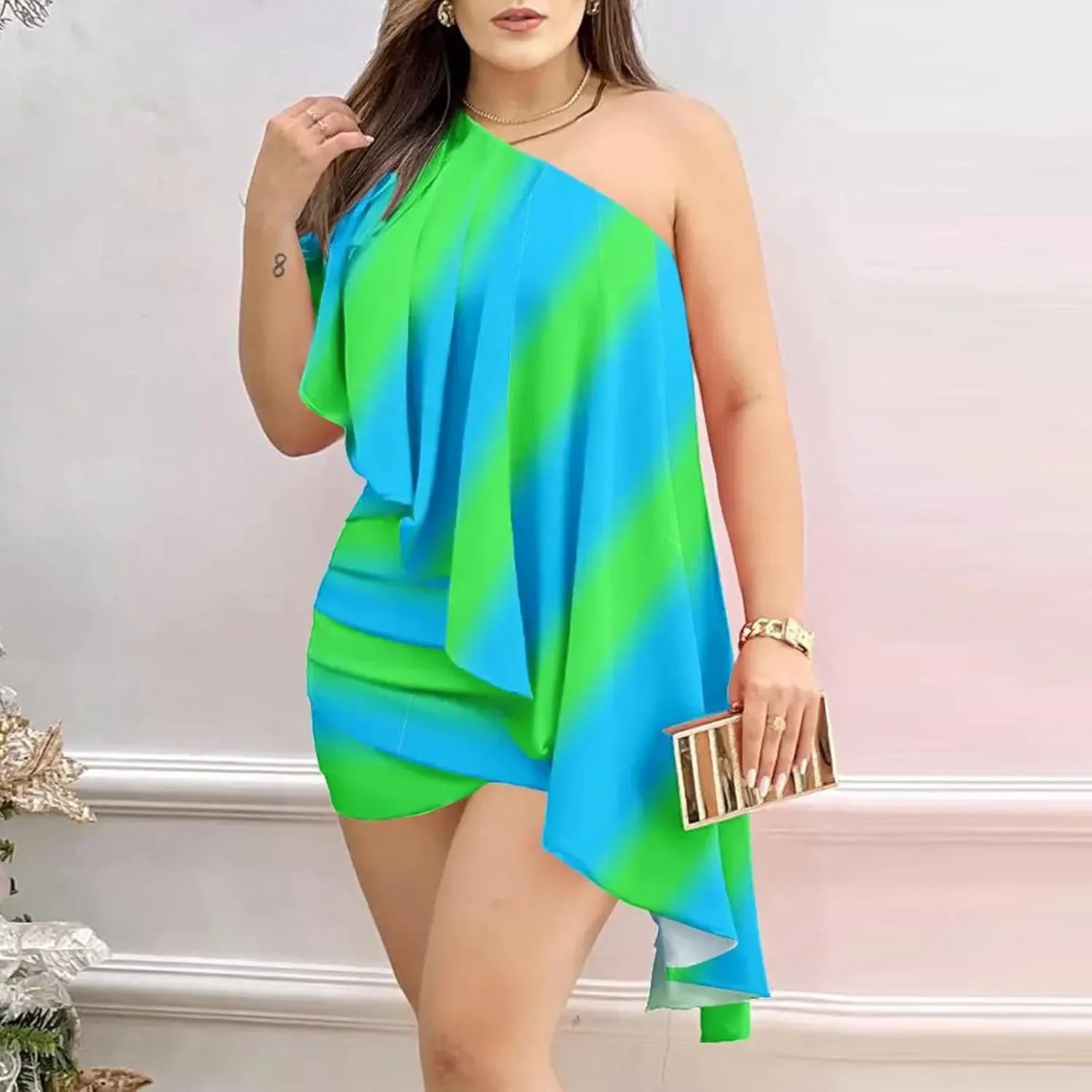Dress for Women, Women's Fashion Sexy Summer Off Shoulder Short Sleeve Sequin Ruffle Irregular Dresses